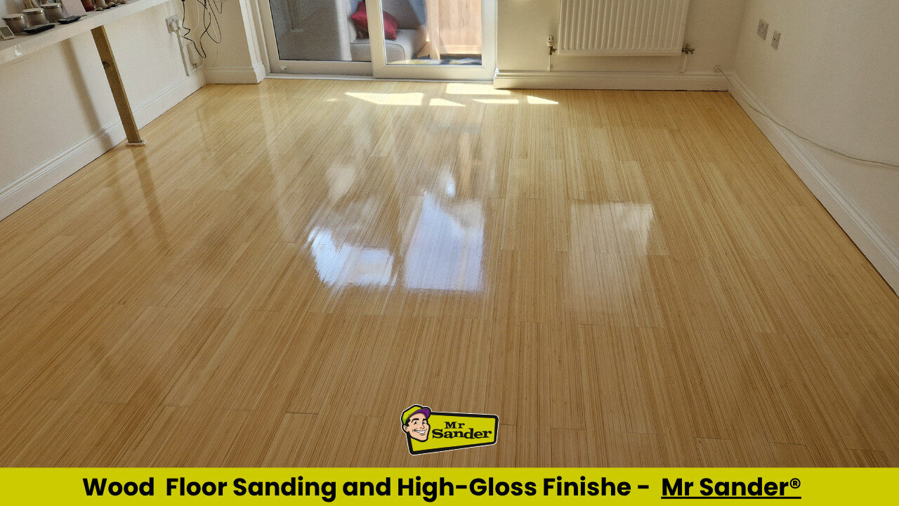 Floor Sanding and High-Gloss Finishes on a natural bamboo engineered wood floor, freshly polished to a mirror-like sheen in a UK living room by Mr Sander®