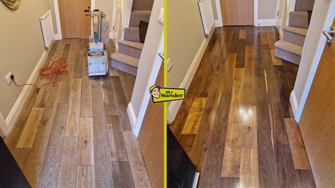 Before-and-after view of an Engineered Oak hallway floor being professionally refinished, showing a sanding machine in the “before” image and a glossy, refreshed surface in the “after” image. Part of a Clapham Floor Sanding project by Mr Sander®️.