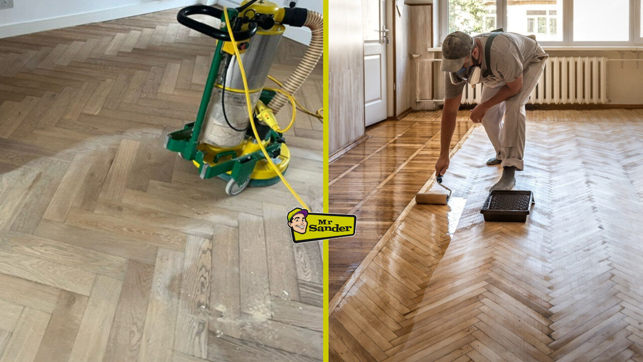 Before-and-after Floor Sanding and Light Stains on a herringbone oak parquet floor—dust-free sanding machine in action beside a technician rolling on a pale finish