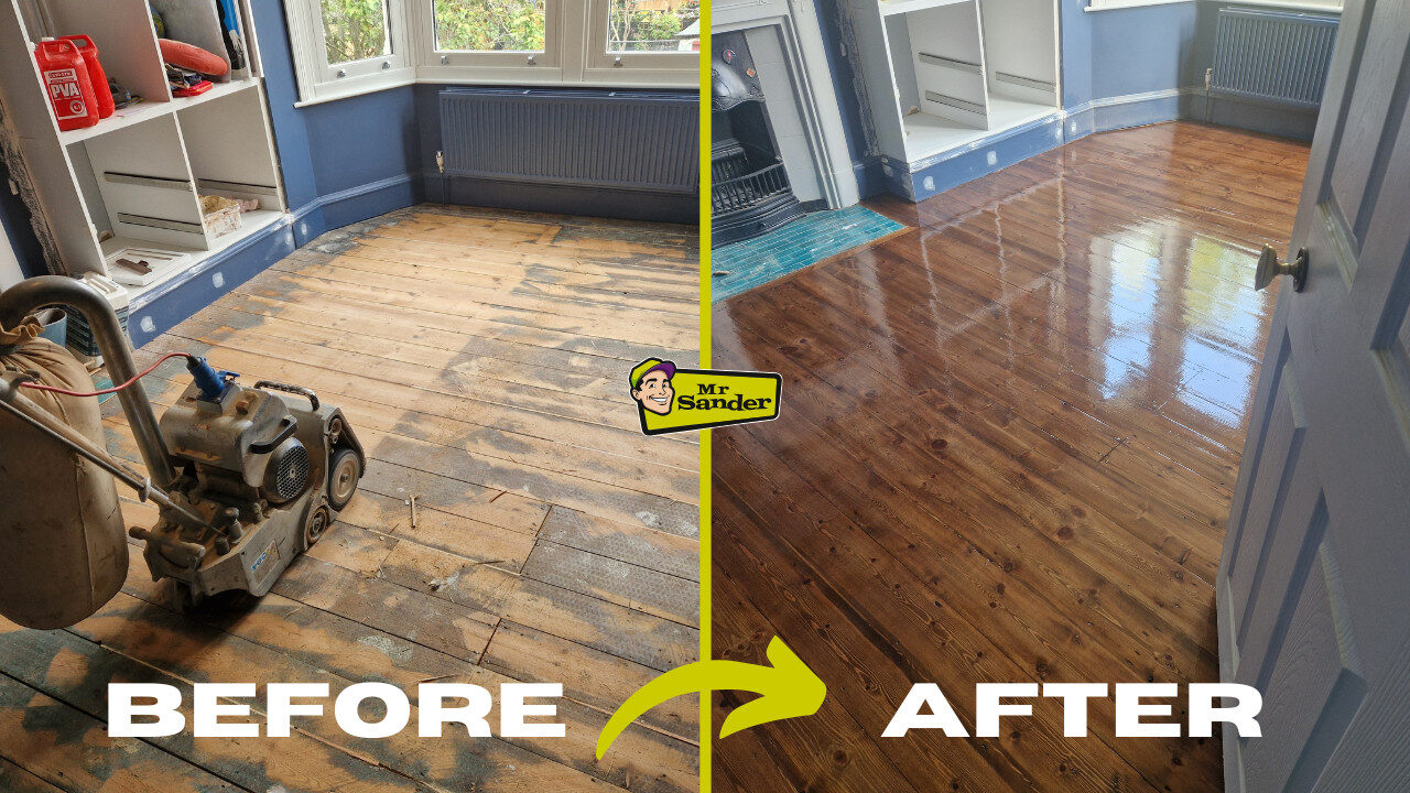 Side-by-side photo showing a worn pine floor being sanded (left) and the same floor beautifully restored after Floor Sanding and Matte Finishes (right) by Mr Sander®.