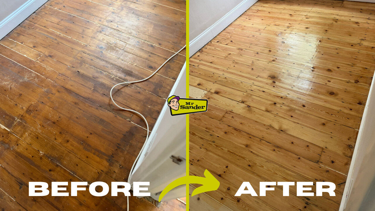 Side-by-side image showing the dramatic difference in a wooden floor before and after a professional floor sanding and refinishing job, revealing a transformed, smooth, and polished surface.
