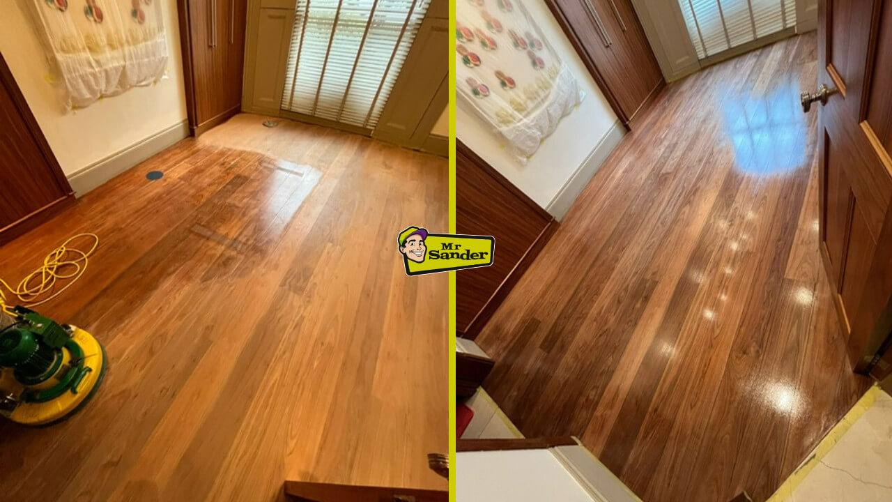 Side-by-side images showing a dull, partially sanded American walnut floor in Doune (FK16) on the left, and the same floor beautifully restored with a warm, glossy walnut finish on the right. Restoration by Mr Sander®.