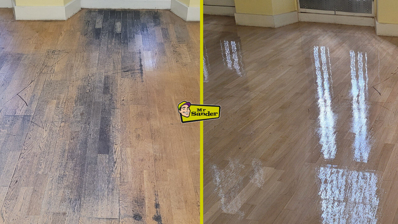 Side-by-side comparison of a heavily worn hardwood floor (left) and the same floor expertly restored (right), underscoring the transformative power of Preparing Your Floor for Sanding.