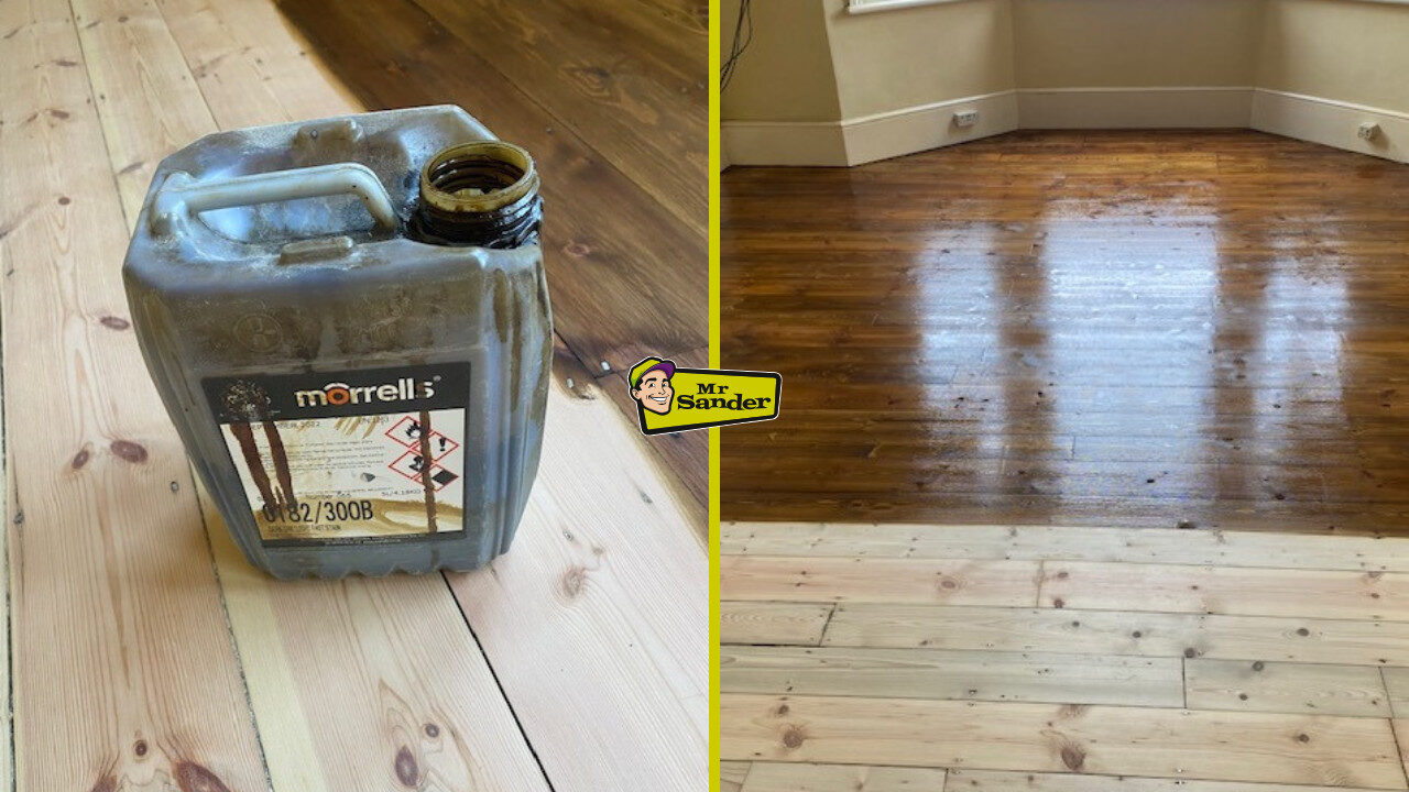 Before and after image showing the transformation of a wooden floor with dark stain applied after sanding, highlighting the dramatic change.