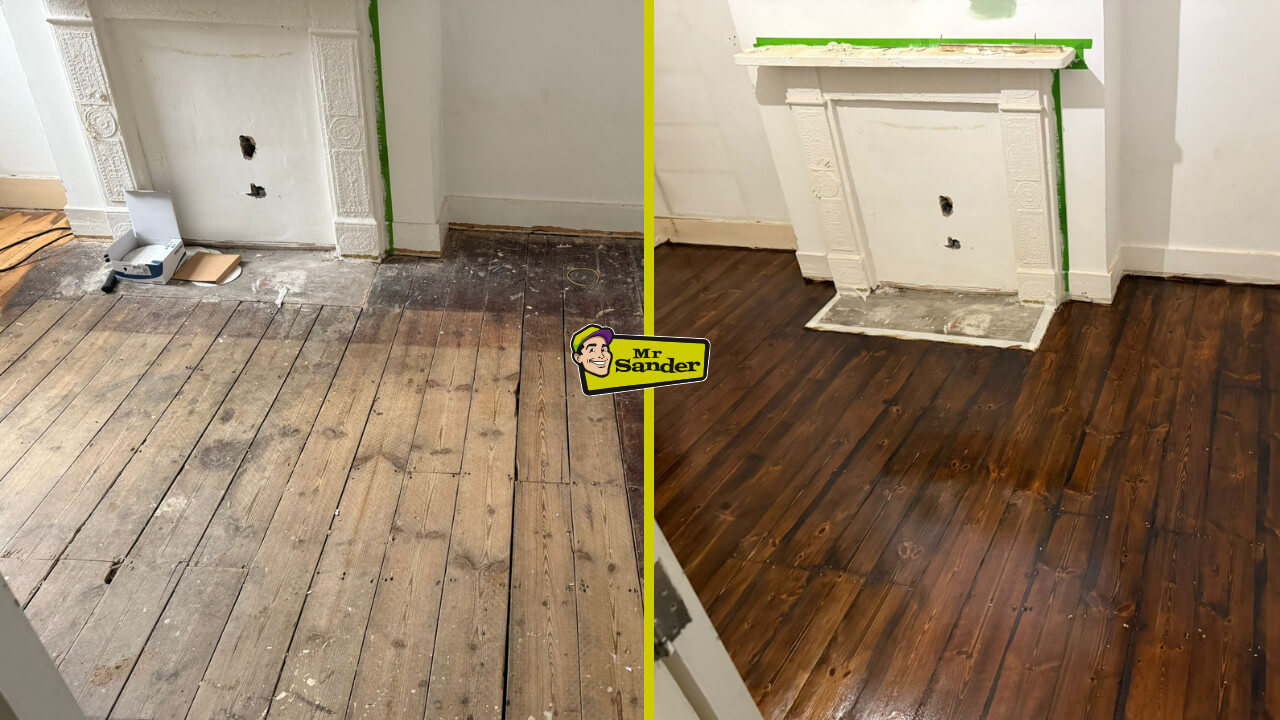 Side‐by‐side images showing a worn pine floor with uneven coloring on the left, and the same floor restored and stained with a dark walnut finish on the right, creating a dramatic transformation.