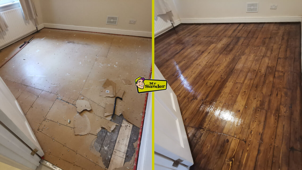 Side‐by‐side images showing a room with an old subfloor on the left, and the same pine boards refinished to a glossy, warm walnut color on the right.