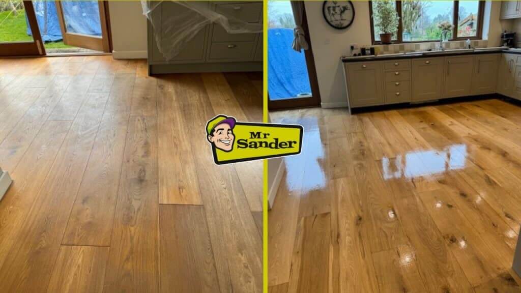 Before and after image of a kitchen wooden floor restoration, showing a matte finish on the left and a polished, gleaming floor on the right, with the Mr Sander logo in the centre.
