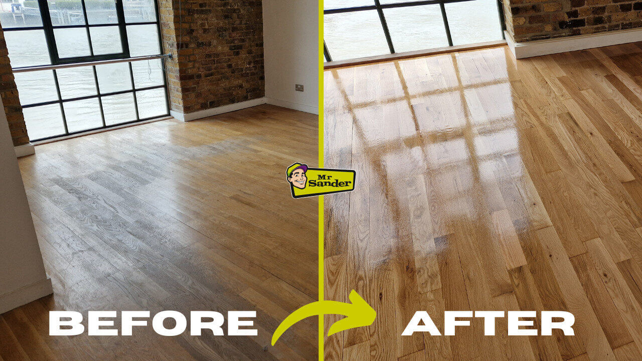 A side-by-side comparison of a dull, worn wooden floor versus a newly sanded and polished surface, illustrating The Art of Floor Sanding.