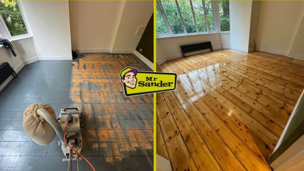 Side-by-side image showing a wooden floor mid-sanding on the left and the same floor fully restored and varnished on the right, with the Mr. Sander logo prominently featured.