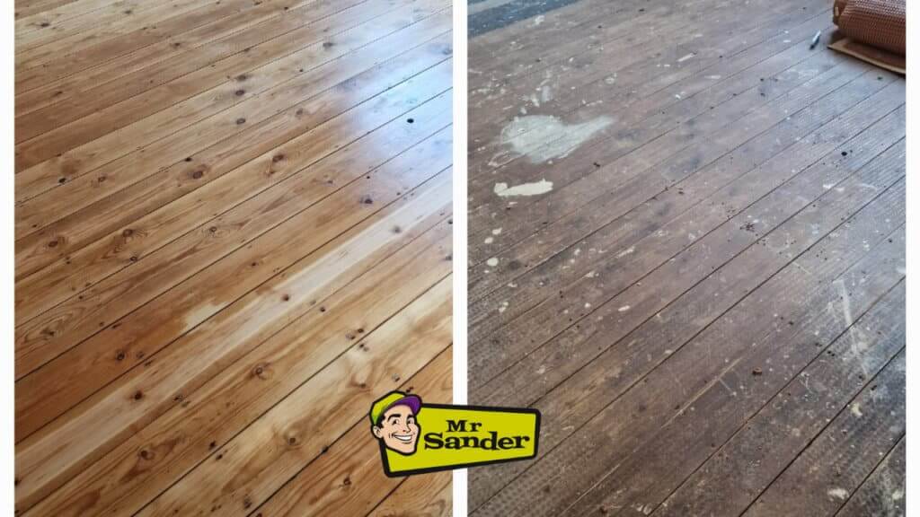 A side-by-side comparison of a hardwood floor showcasing the transformation achieved through sanding and refinishing by Mr. Sander®. The left side displays a beautifully restored wood floor, likely made from pine, with a smooth, polished surface and natural wood grain. The right side reveals the floor's condition before refinishing, showing a worn and dirty surface with visible scuffs and stains. The dramatic contrast highlights the effectiveness of the sanding process and the quality of Mr. Sander®’s work.
