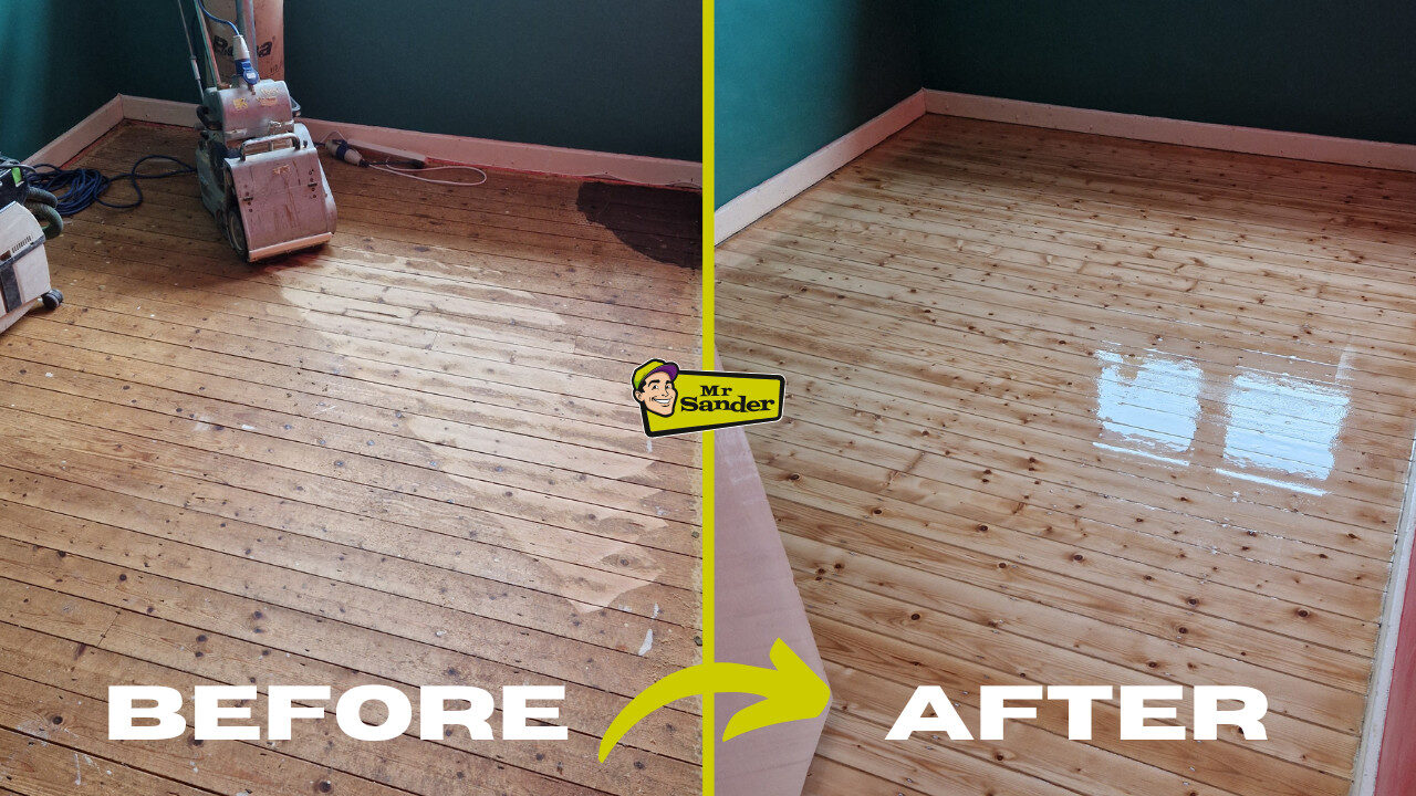 Repairing Gaps Between Floorboards – before-and-after comparison of a pine floor sanded, gap-filled and lacquered by Mr Sander®