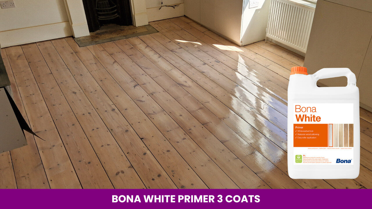 Wooden floor refinished with three coats of Bona White Primer, featuring a pale, Scandinavian-style finish.
