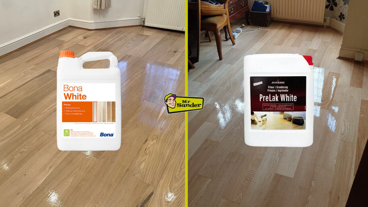 Side-by-side image comparing two freshly finished wooden floors, one with Bona White and the other with Junckers Prelak, illustrating their different whitewash effects.
