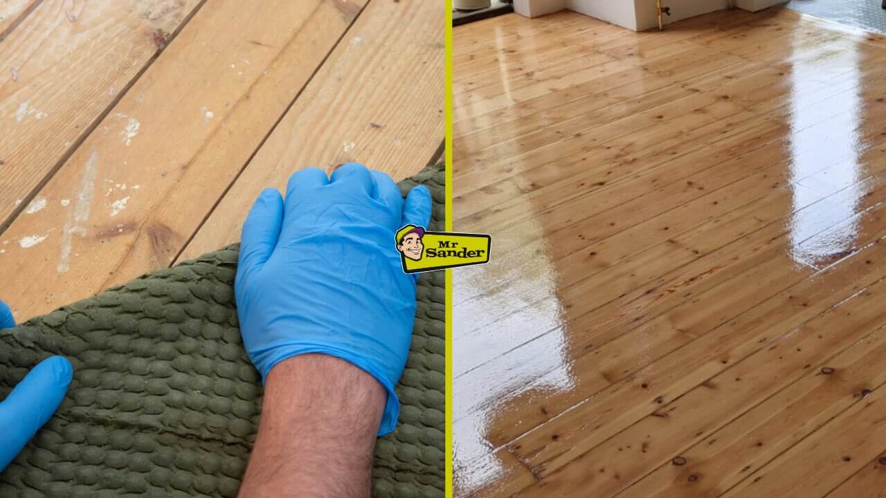 Side-by-side comparison of gloved hands lifting carpet on the left and a newly polished hardwood floor on the right, showcasing a complete carpet-to-hardwood transformation.