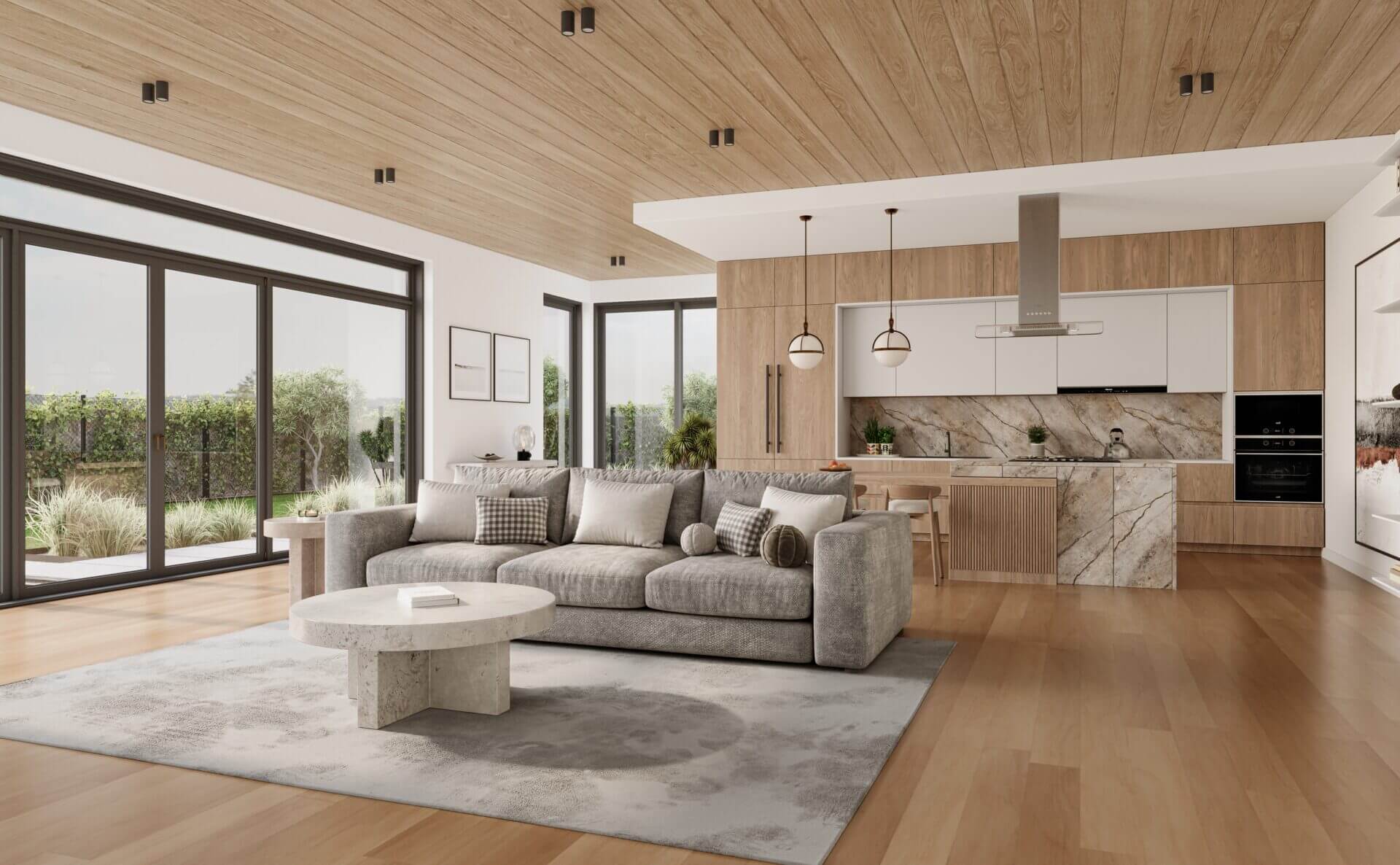 A spacious, modern living area showcasing a newly installed floor, highlighting the elegance achieved through professional Hardwood Floor Fitting.