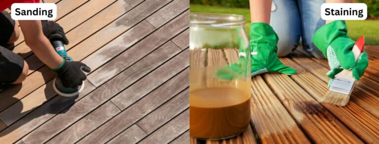 Two images side by side, one showing sanding and the other staining a wooden deck