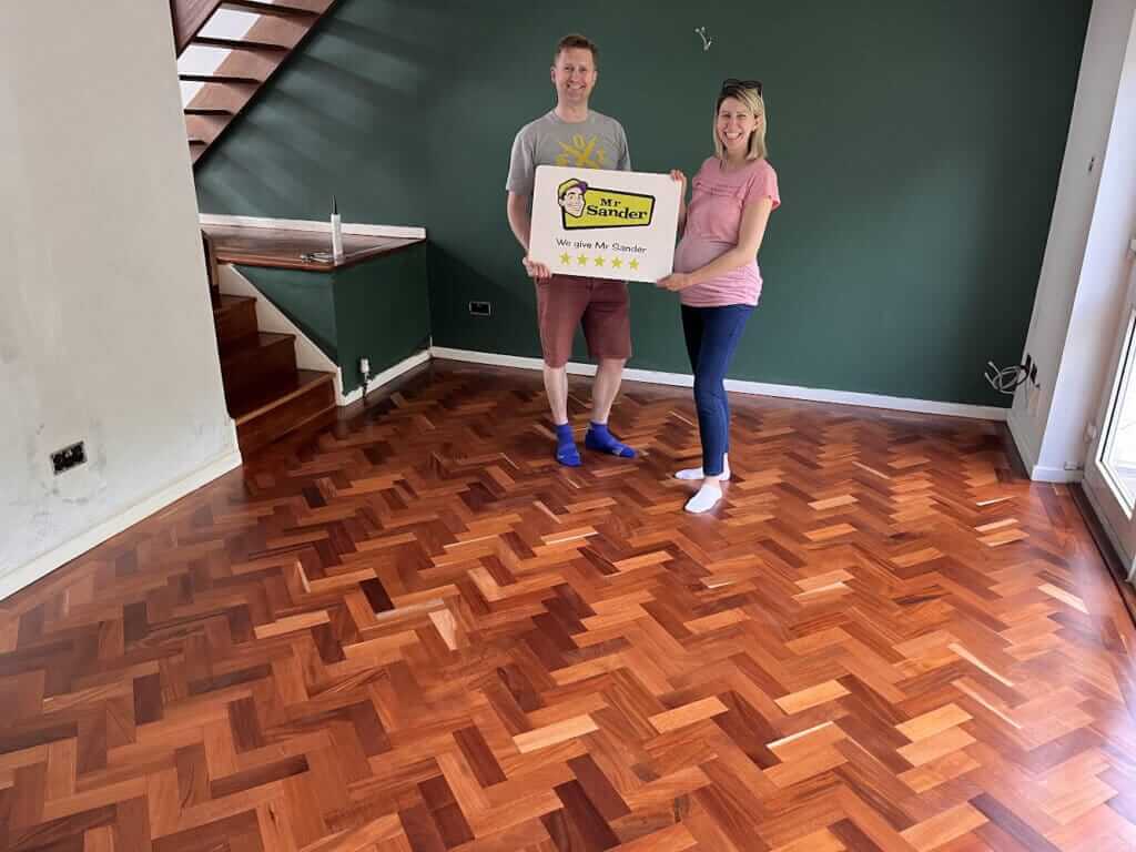 Ecstatic Doune (FK16) customers showing off newly restored floors by Mr Sander®️, thrilled with the results.