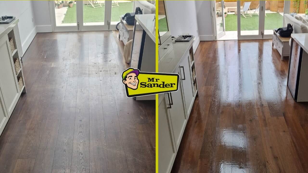Before-and-after view of a dark oak floor in a UK kitchen-living area, transformed from worn and dull to a lustrous, glossy finish by Mr Sander®.