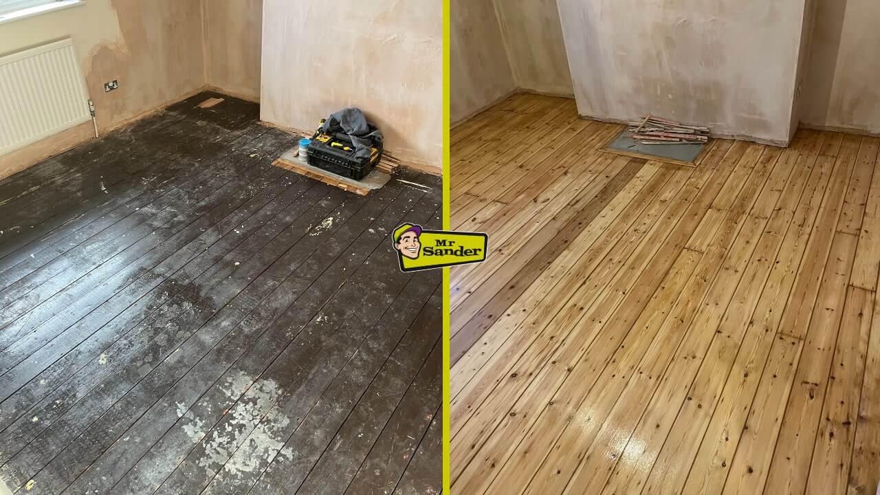 Before-and-after comparison of a dark, worn pine floor in a UK home, sanded and refinished to a warm, natural finish by Mr Sander®.