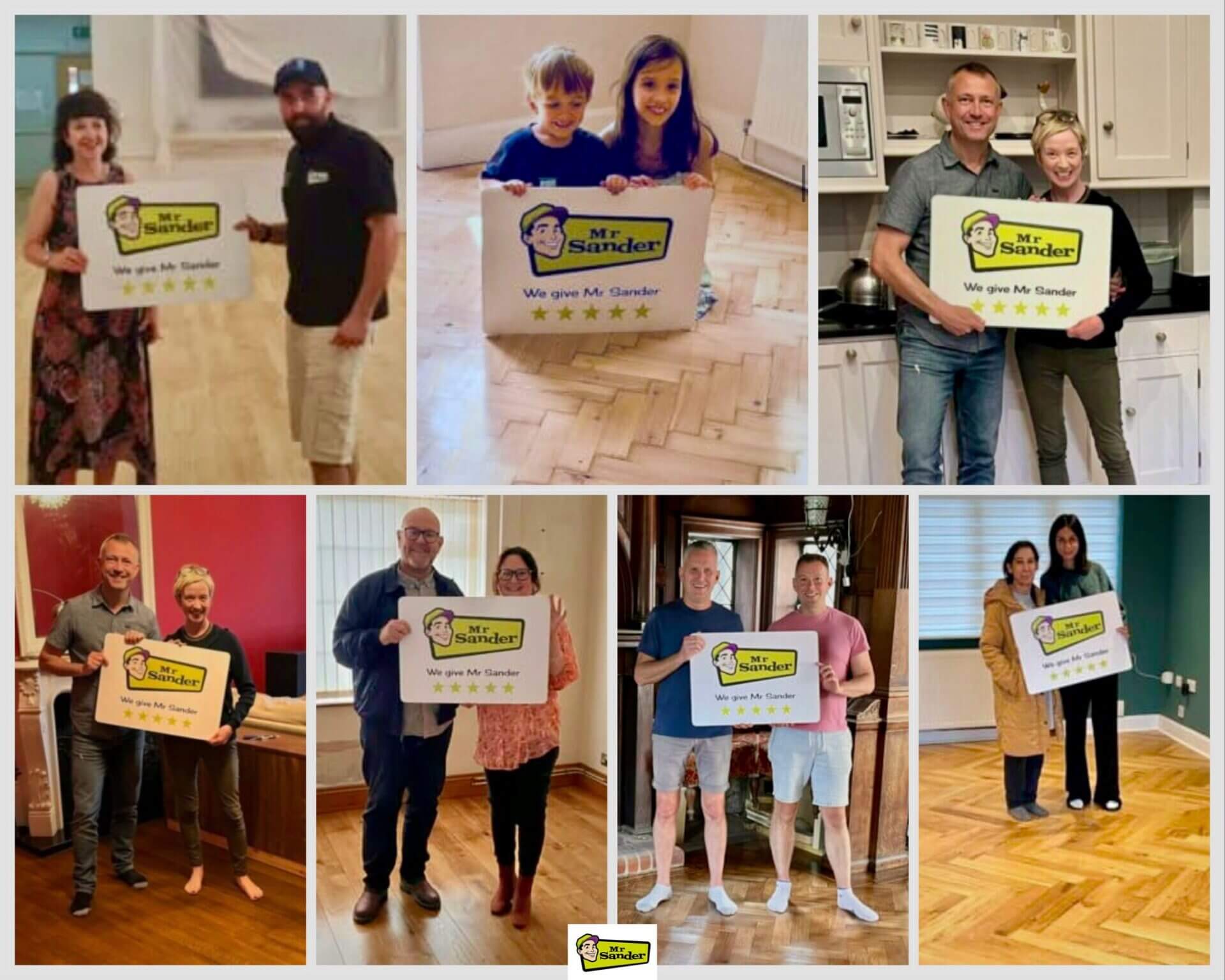 Collage of families and homeowners holding ‘We give Mr Sander five stars’ signs, reflecting their satisfaction with Mr Sander’s flooring services.