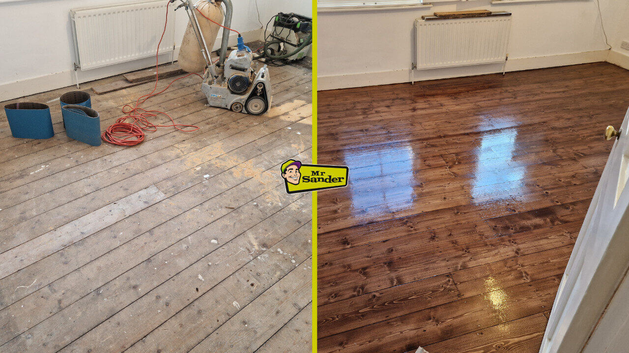 Side-by-side before and after comparison of Floor Sanding for Pine Floors by Mr Sander®, showing heavily worn boards transformed into a deep, glossy finish.