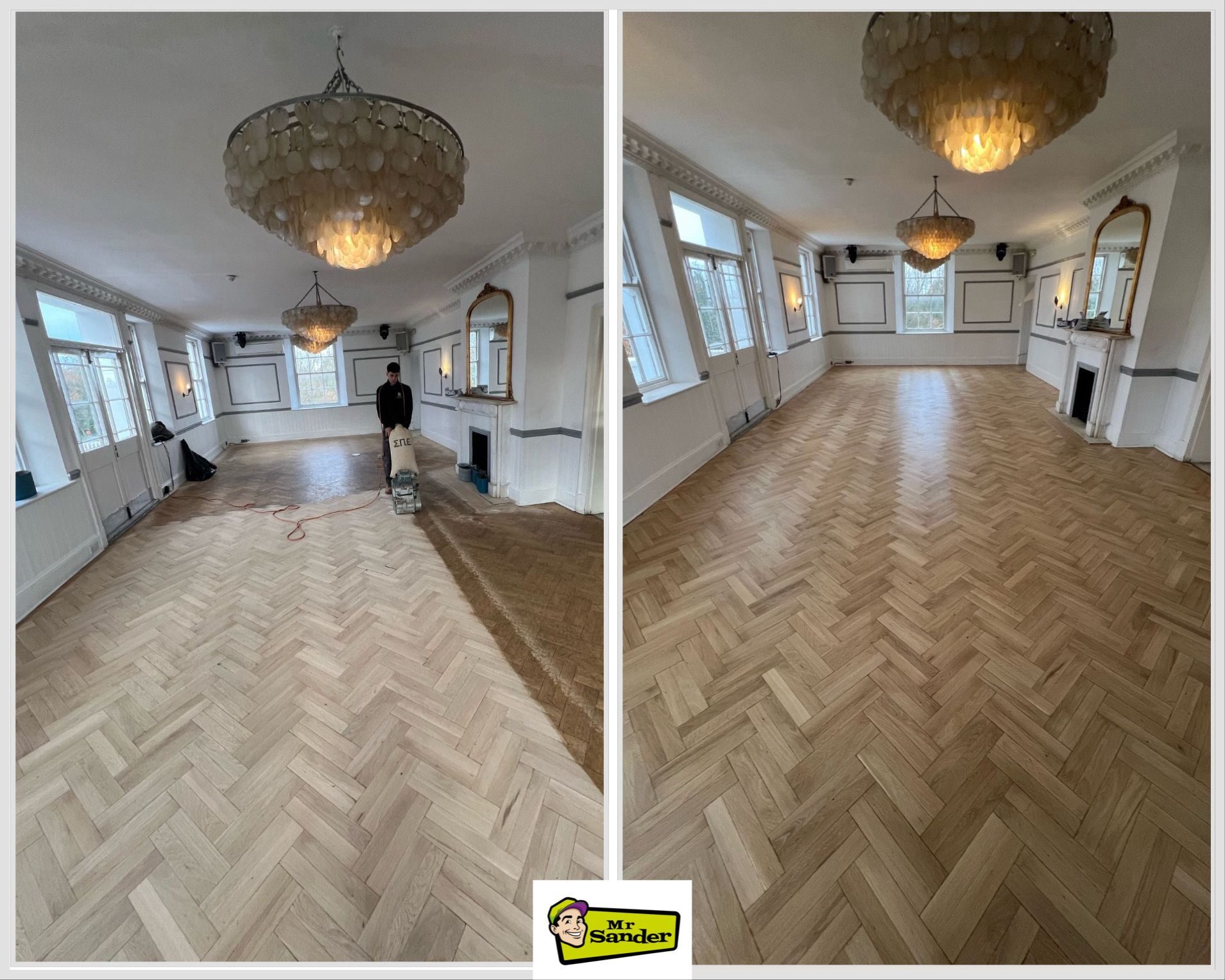 Large, elegant room featuring a herringbone parquet floor partly sanded on one side and fully restored on the other, illustrating the impact of Floor Sanding in Modern Homes by Mr Sander®.