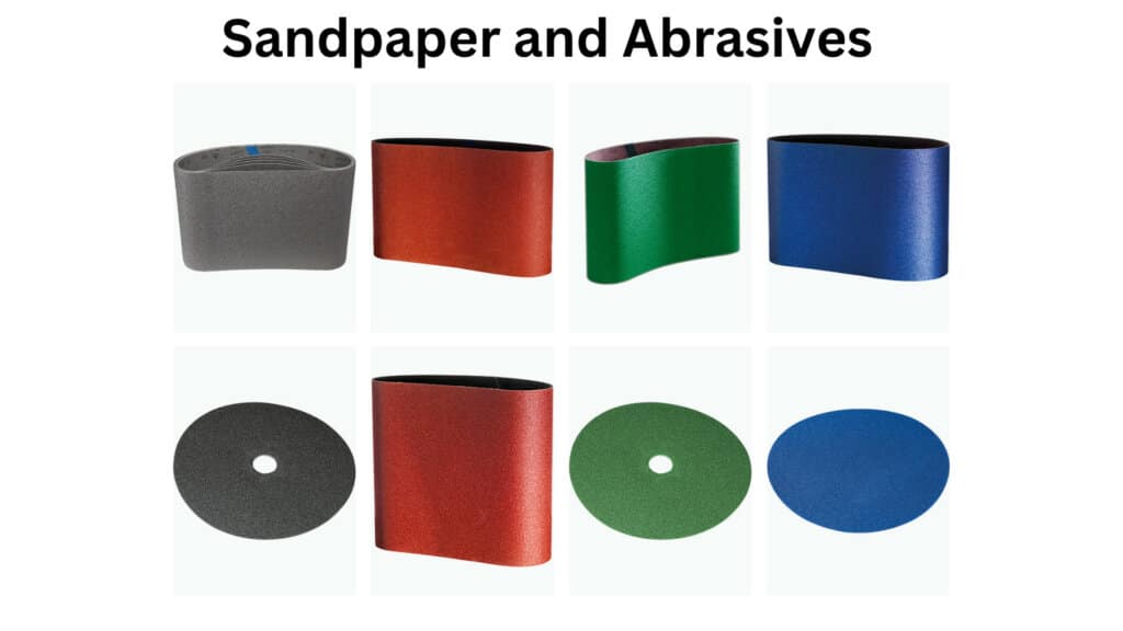 A selection of various sandpaper and abrasive types used in floor sanding and refinishing, including different grits and shapes suitable for belt sanders, drum sanders, and buffers. The image showcases grey, red, green, and blue sandpapers in both belt and disc forms.