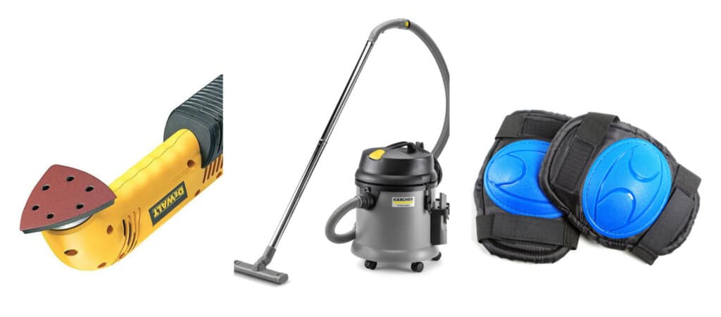 A trio of essential tools for floor sanding and refinishing, including a Dewalt detail sander, a Kärcher wet/dry vacuum cleaner, and a pair of blue knee pads for protection and comfort during work.