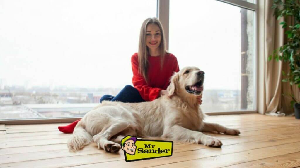 A woman in a red sweater sits on a beautifully sanded and refinished pine floor with her golden retriever in a living room. The floor sanding and refinishing were done by Mr Sander® in Tower Hamlets, UK, showcasing the natural grain and smooth finish of the pine wood.