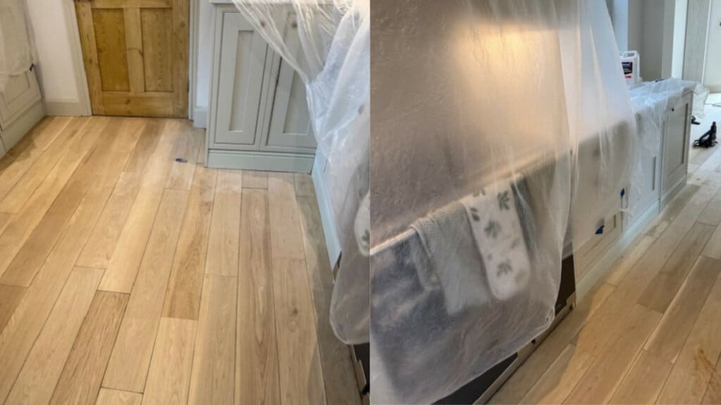 A split image showing two views of a kitchen with oak wood floors being sanded and refinished. The cabinets and appliances are covered with plastic sheets to protect them during the refinishing process.