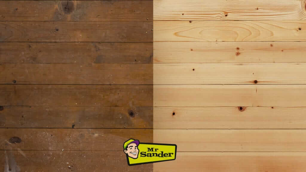 A before and after comparison of a wooden floor in Chadwell Heath, UK, showcasing the transformation by Mr Sander®. The left side of the image displays the floor in its original, worn condition, while the right side shows the floor after sanding and refinishing, revealing a fresh, natural wood appearance.