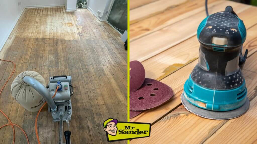 A split image showing the process of sanding a wooden floor with two different types of sanders. On the left, a drum sander is being used on a worn wooden floor with visible sanding progress. On the right, a close-up of an orbital sander with sanding discs on a smoother wood surface, ready for refinishing. The logo of Mr. Sander® is displayed at the bottom.