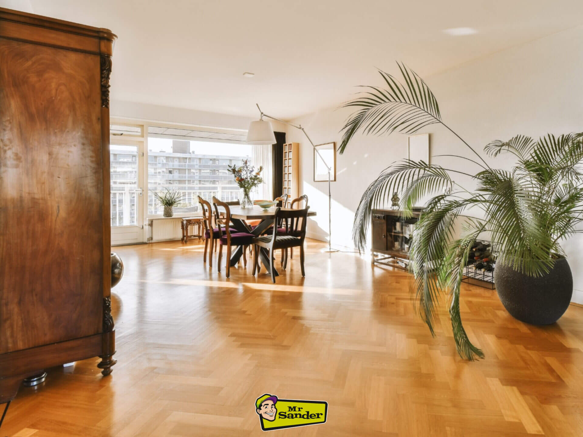 Bright living area featuring a herringbone parquet floor after professional Parquet Floor Fitting