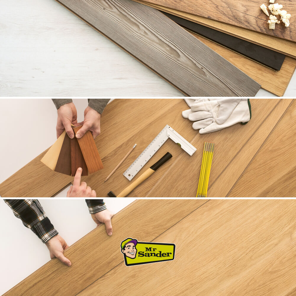 Engineered Floor Installation process collage by a professional from Mr Sander in London showing sample planks, finish selection, and plank fitting