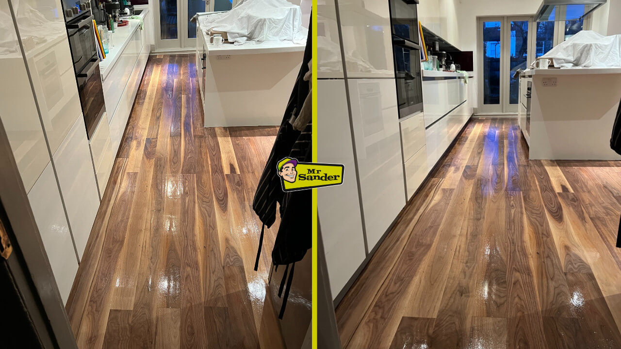 Side-by-side view of an Engineered Walnut floor refinished by Mr Sander in London, showcasing a remarkable transformation