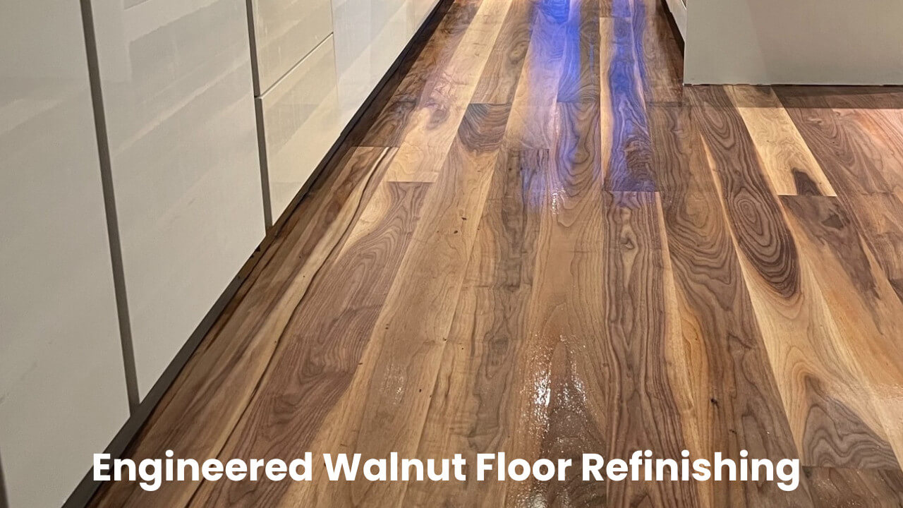 Engineered Walnut floor expertly refinished by Mr Sander in a modern London kitchen