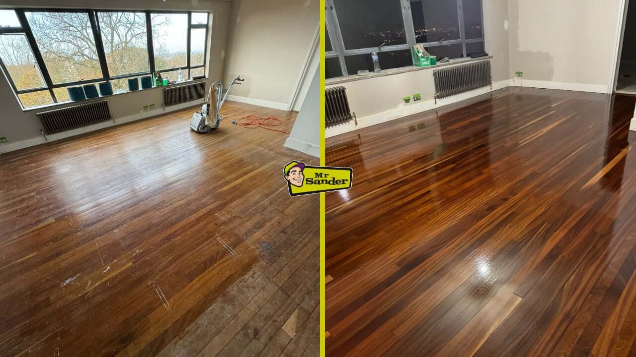 A before-and-after view of a dark exotic hardwood floor in a UK living room, transformed from dull and worn to a deep, high-gloss finish by Mr Sander®, with a sanding machine visible.