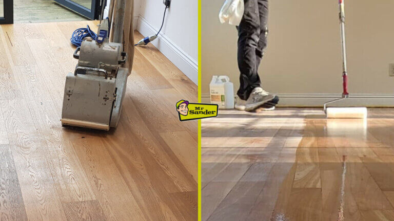 Floor sanding machine removing the old finish on the left, with a technician applying a protective coat on the right.