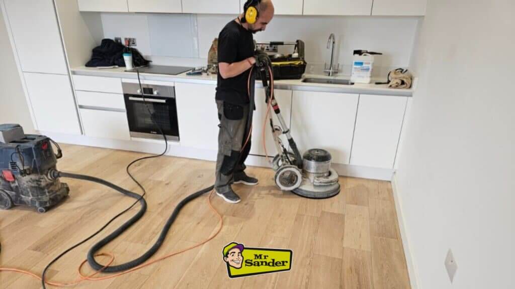 Sanding oak engineered flooring in Garthamlock G33, part of Mr Sander®️’s comprehensive restoration services.