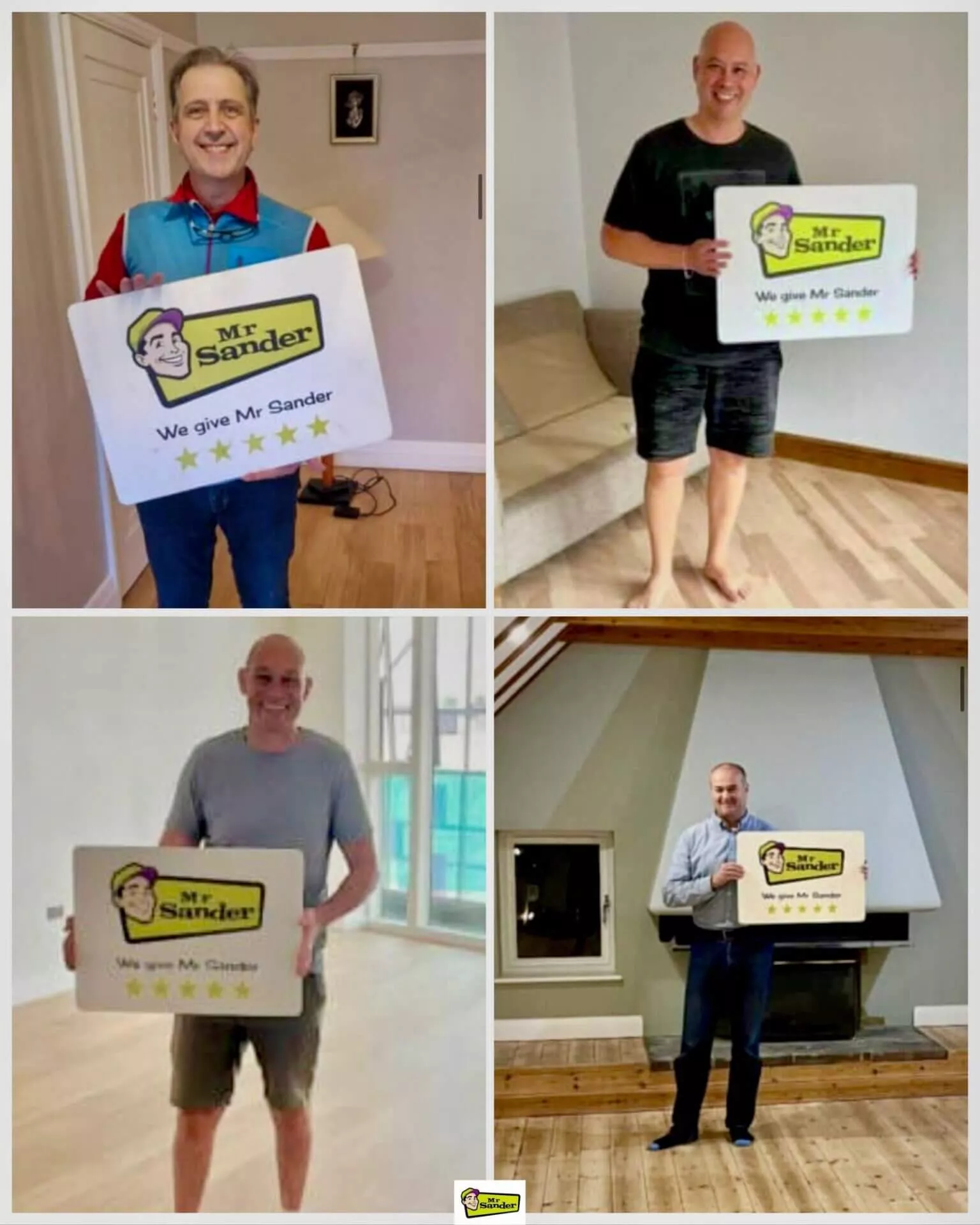 Collage of satisfied homeowners, each holding a ‘We give Mr Sander five stars’ sign to show their approval of the flooring service.