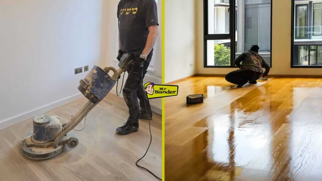 A Mr Sander technician operates an industrial sanding machine on a hardwood floor (left), while another professional applies a fresh coat of protective finish (right), illustrating the transformation from worn to glossy flooring.
