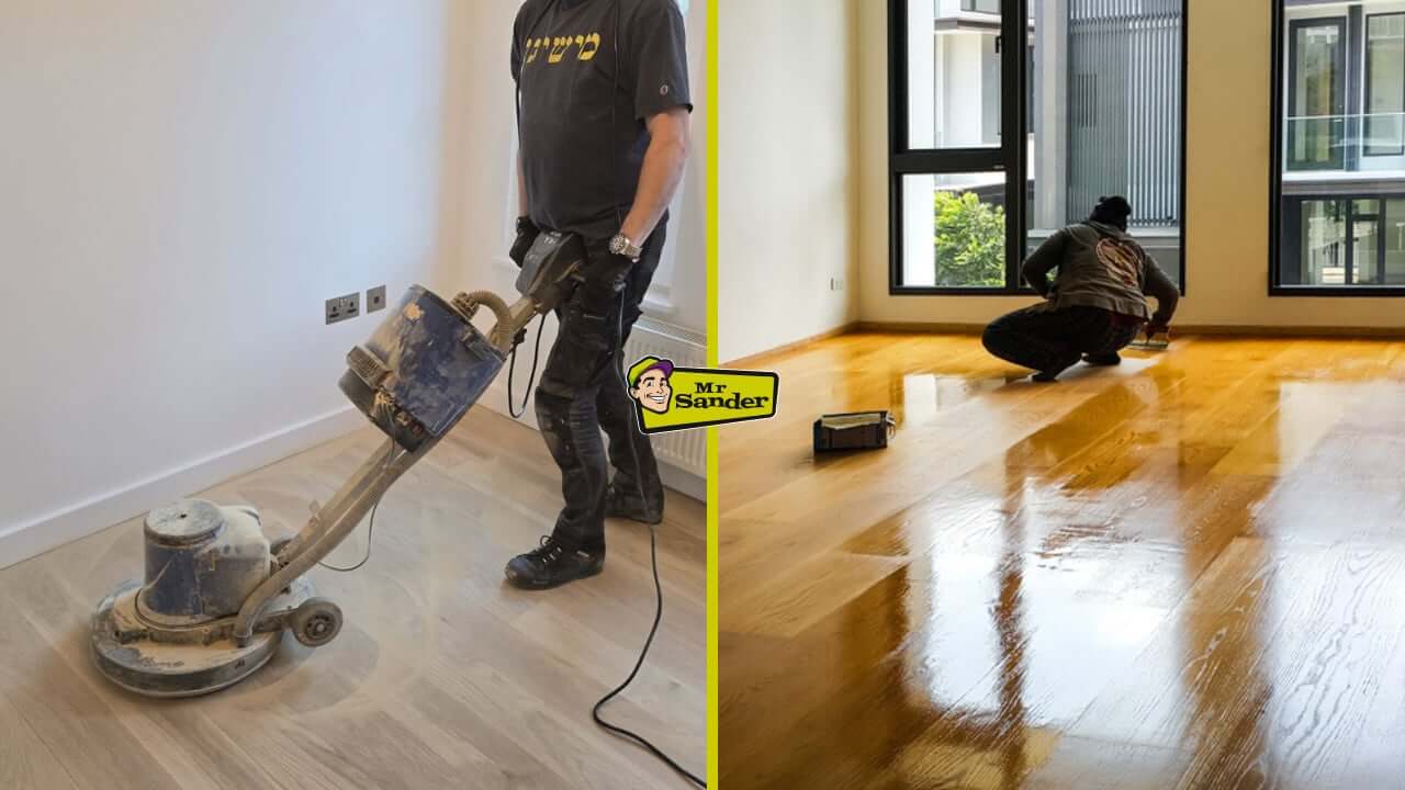 A Mr Sander technician operates an industrial sanding machine on a hardwood floor (left), while another professional applies a fresh coat of protective finish (right), illustrating the transformation from worn to glossy flooring.