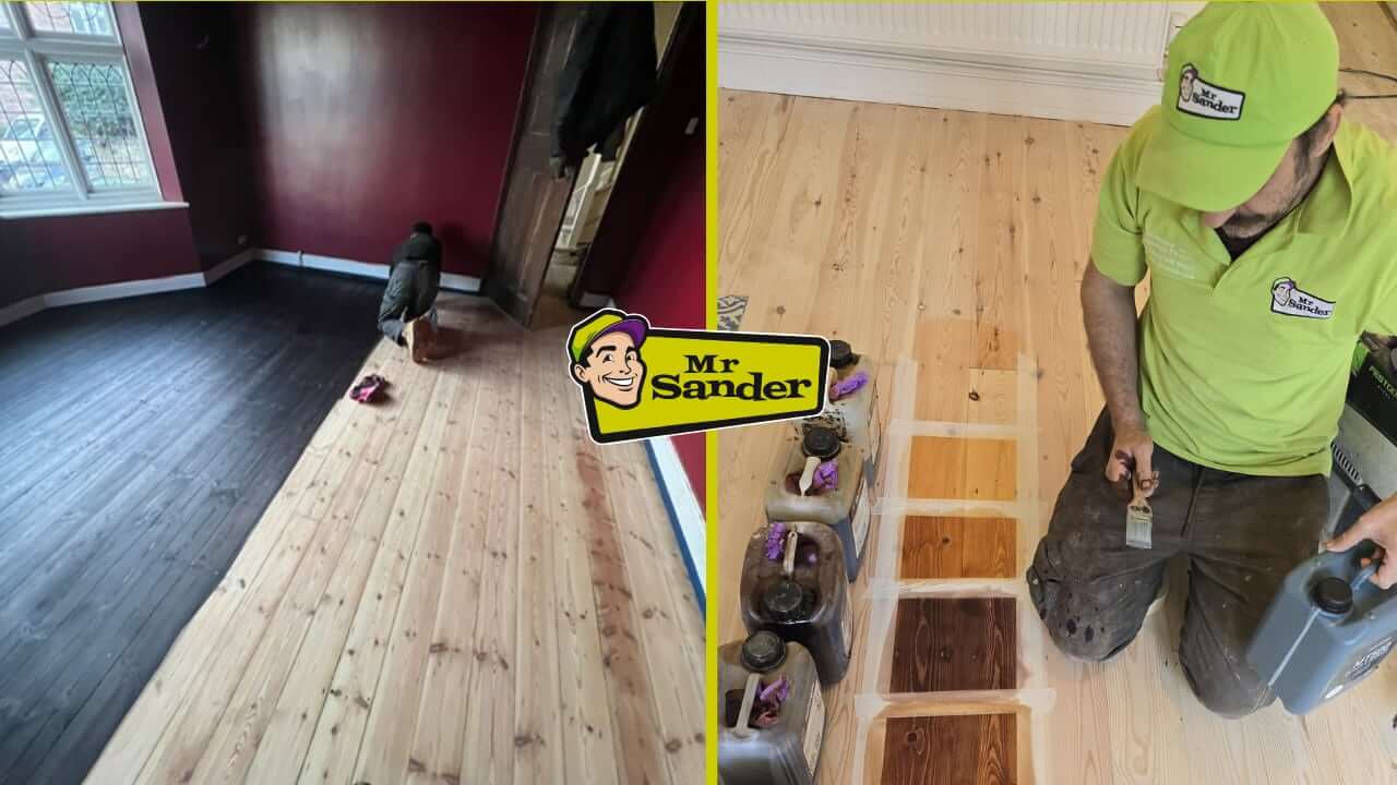 Two images showcasing professional floor sanding and staining. The left side displays a room undergoing staining, and the right side shows a specialist testing wood stains on a sanded floor.