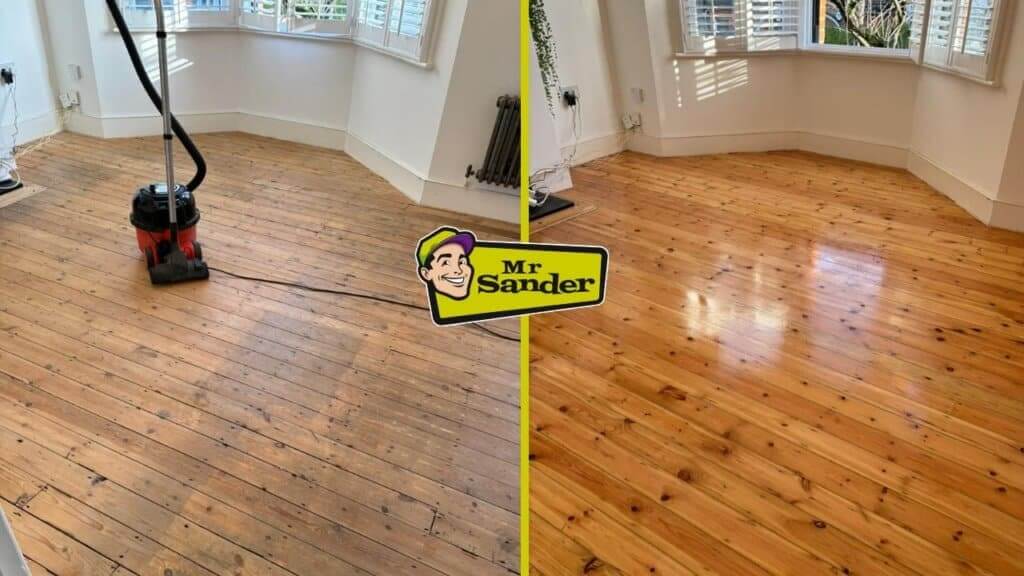 Pine floor transformation in Garthamlock G33, highlighting the difference between a dull, worn surface and a fresh, sanded result by Mr Sander®️.