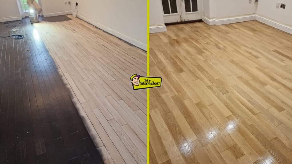 Before-and-after shot of a wooden floor in Doune (FK16), revealing the transformative power of professional sanding by Mr Sander®️.