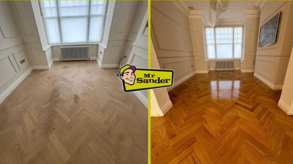 Doune Floor Sanding in FK16 by Mr Sander®️. Side-by-side comparison of a parquet floor before and after professional sanding and restoration, showcasing the power of transformative floor care.