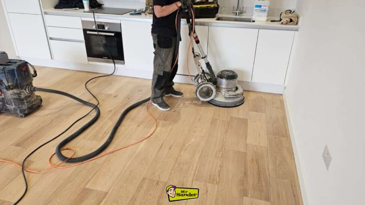 A professional sanding and polishing a wooden floor in a modern kitchen using advanced floor restoration equipment. The "Mr. Sander" logo is displayed at the bottom.