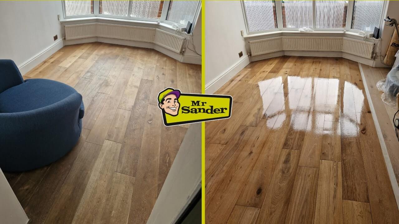 A split view of a wooden floor in a living room before and after restoration. The left side shows a dull, worn floor, while the right side highlights a polished, glossy finish. The "Mr. Sander" logo is visible in the center.