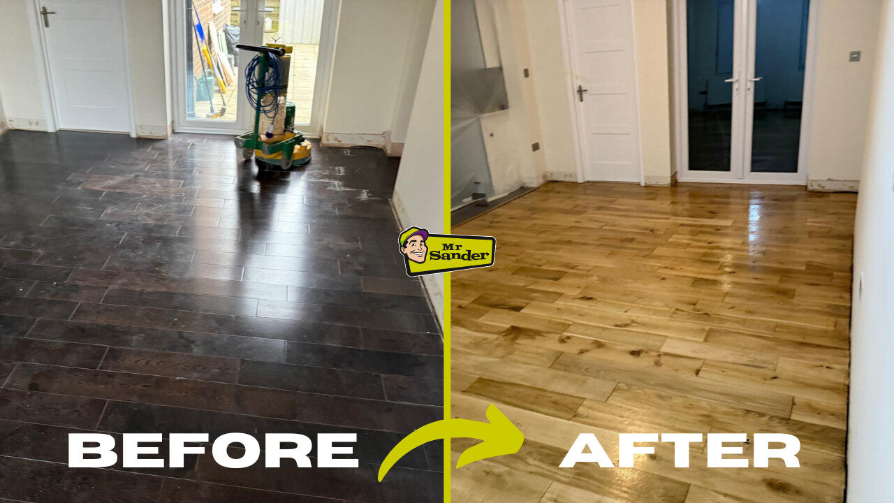 Floor Sanding and Oil Finishes – split-screen before-and-after shows dark, worn boards transformed into bright, oiled oak with Mr Sander branding