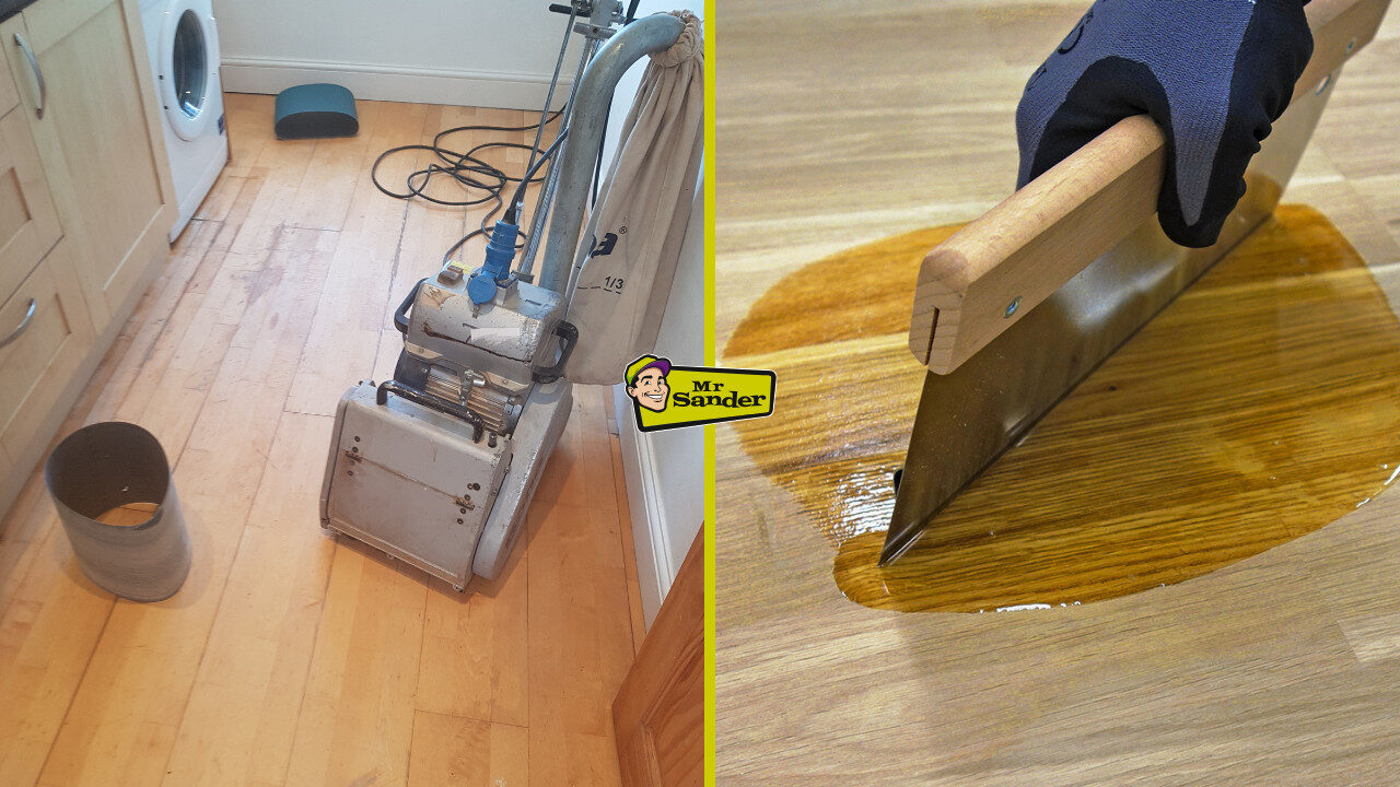 Floor Sanding and Oil Finishes – split view of drum sander on worn kitchen boards and trowel spreading fresh oil on revived oak